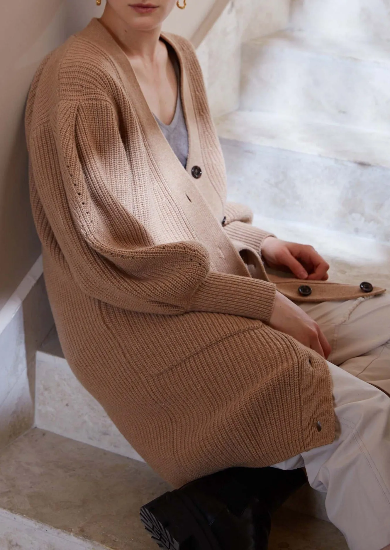 Evan Puff Sleeve Cardigan - Sand