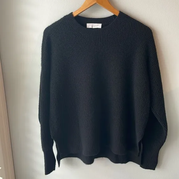 Everlane Cashmere Waffle Knit Black Crewneck Sweater