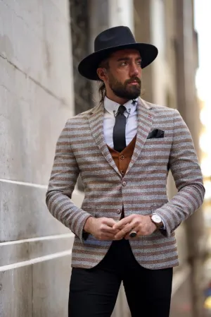 Fabio Brown Slim Fit Notch Lapel Striped Blazer