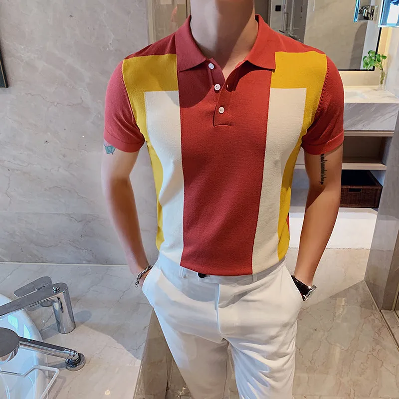 Fashion Personality Contrast Color British Slim Lapel Ice Silk T-shirt