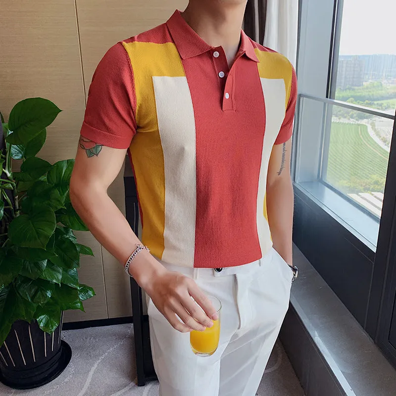 Fashion Personality Contrast Color British Slim Lapel Ice Silk T-shirt
