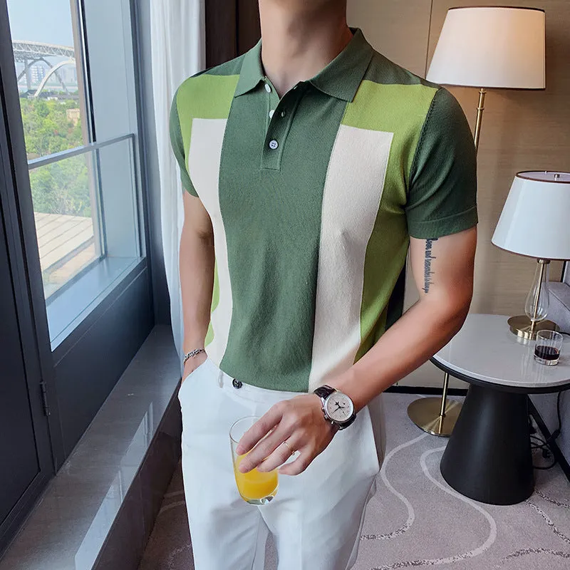 Fashion Personality Contrast Color British Slim Lapel Ice Silk T-shirt