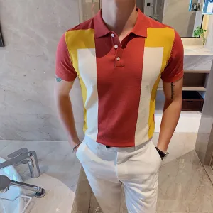 Fashion Personality Contrast Color British Slim Lapel Ice Silk T-shirt
