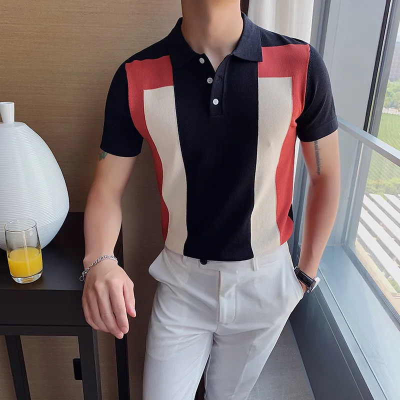 Fashion Personality Contrast Color British Slim Lapel Ice Silk T-shirt