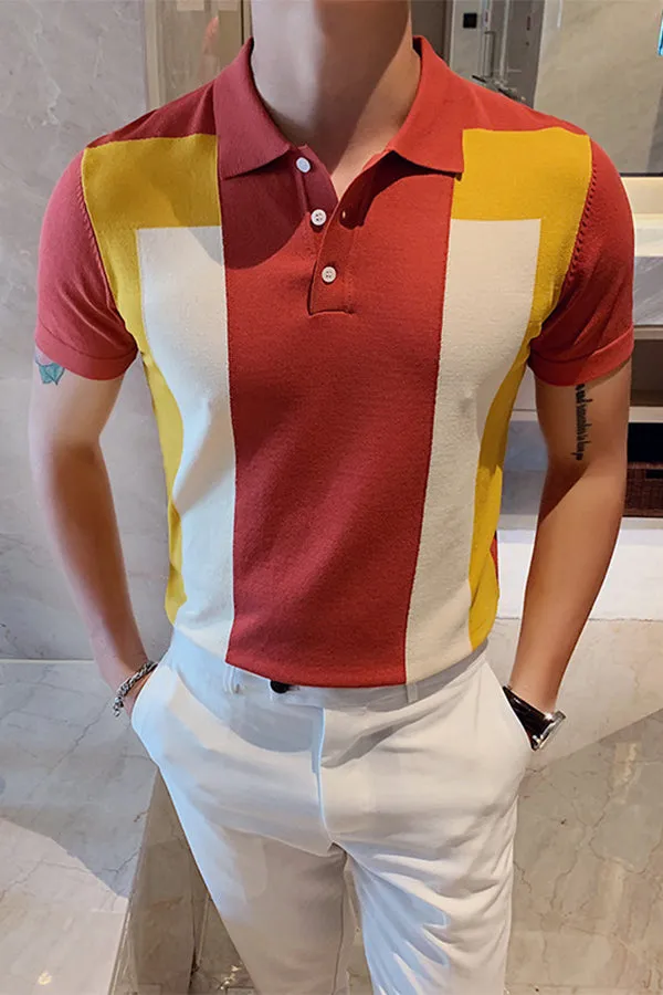 Fashion Personality Contrast Color British Slim Lapel Ice Silk T-shirt