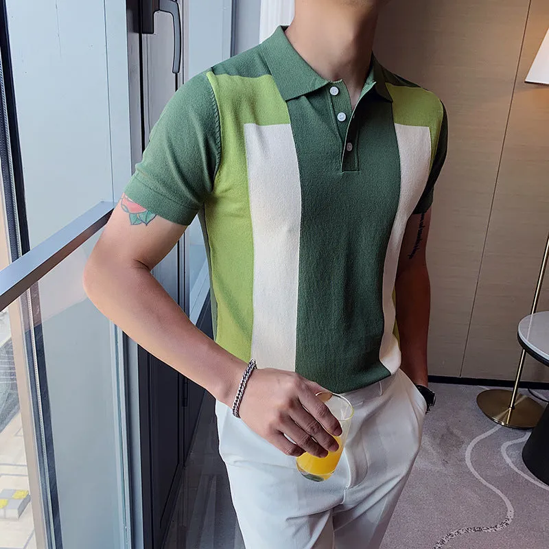 Fashion Personality Contrast Color British Slim Lapel Ice Silk T-shirt