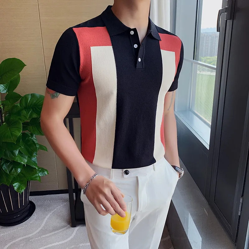 Fashion Personality Contrast Color British Slim Lapel Ice Silk T-shirt