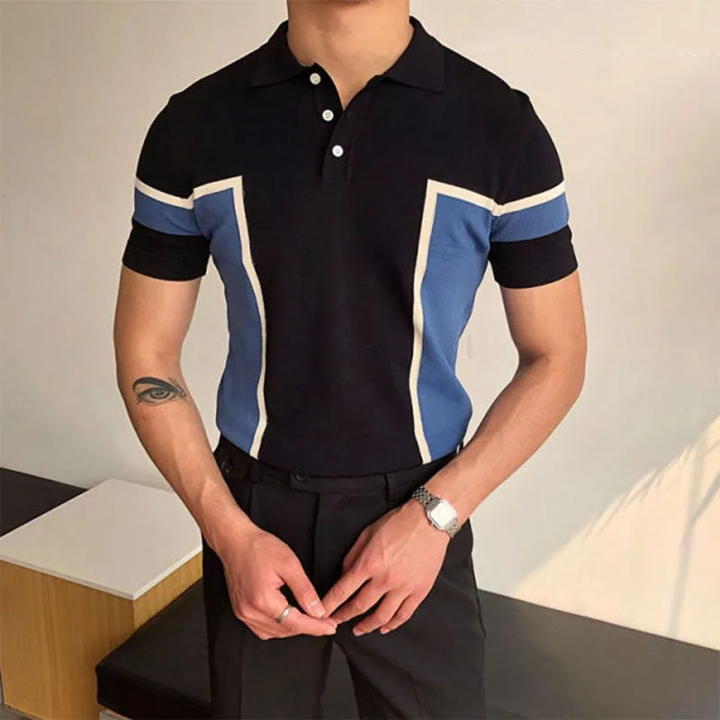 Fashionable Temperament Stitching Men's Knitted Sweater Short-sleeved Slim Business Polo Shirt