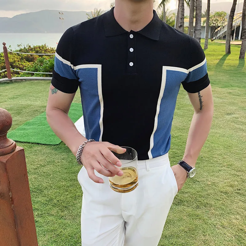 Fashionable Temperament Stitching Men's Knitted Sweater Short-sleeved Slim Business Polo Shirt
