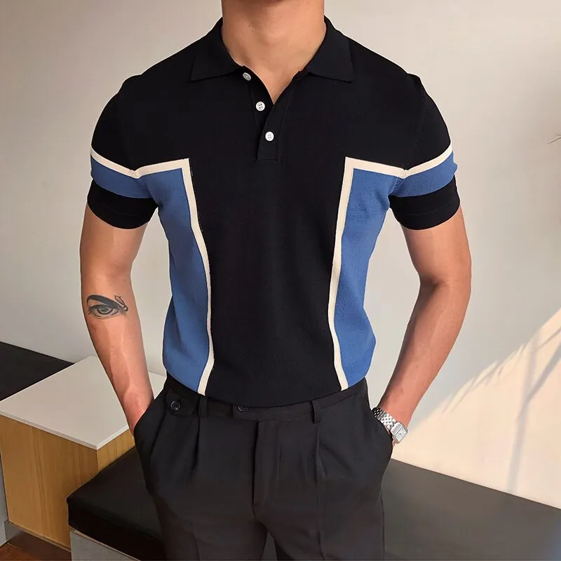 Fashionable Temperament Stitching Men's Knitted Sweater Short-sleeved Slim Business Polo Shirt