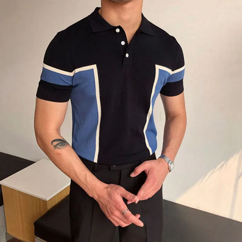 Fashionable Temperament Stitching Men's Knitted Sweater Short-sleeved Slim Business Polo Shirt