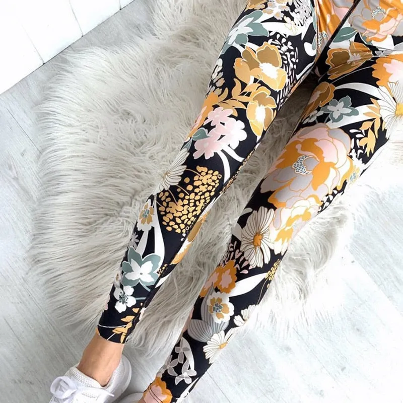 Flower Print Yoga Fitness Clothing For Women Vest Crop Top Leggings Sports Pants Suit Gym Fitness Jogging Slim Tracksuit Outfits