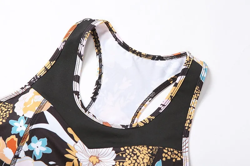 Flower Print Yoga Fitness Clothing For Women Vest Crop Top Leggings Sports Pants Suit Gym Fitness Jogging Slim Tracksuit Outfits