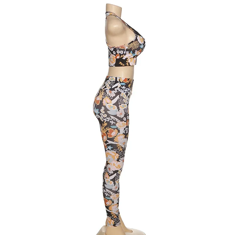 Flower Print Yoga Fitness Clothing For Women Vest Crop Top Leggings Sports Pants Suit Gym Fitness Jogging Slim Tracksuit Outfits