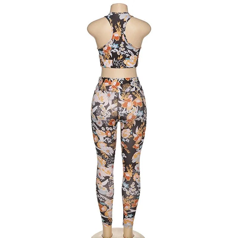 Flower Print Yoga Fitness Clothing For Women Vest Crop Top Leggings Sports Pants Suit Gym Fitness Jogging Slim Tracksuit Outfits