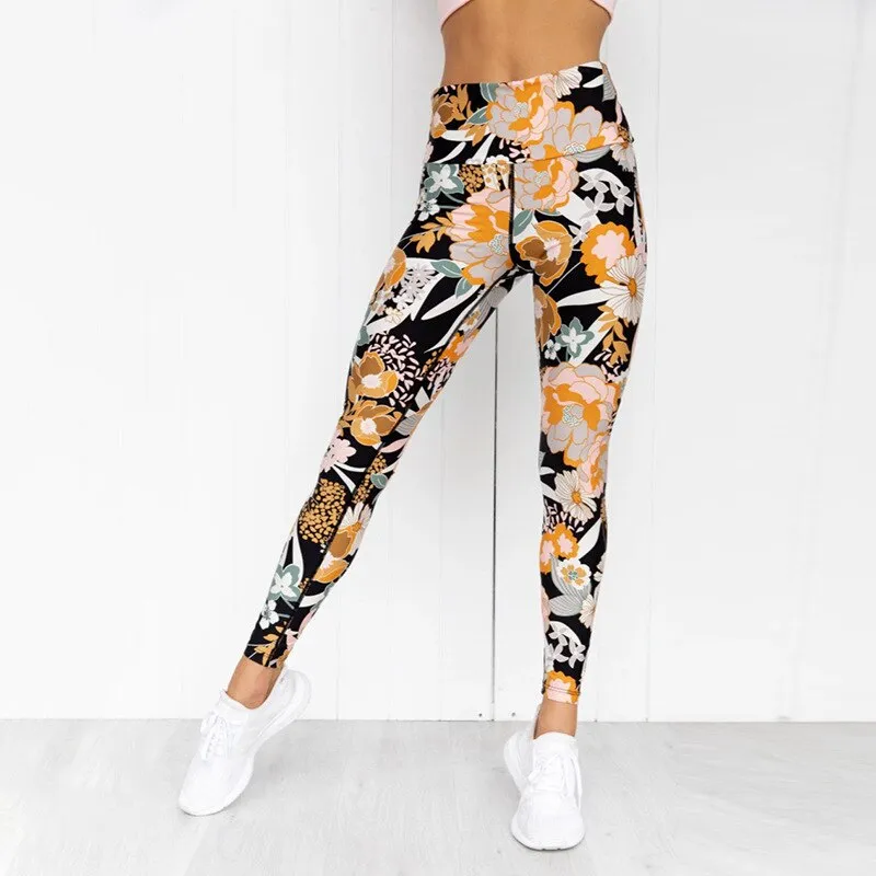 Flower Print Yoga Fitness Clothing For Women Vest Crop Top Leggings Sports Pants Suit Gym Fitness Jogging Slim Tracksuit Outfits