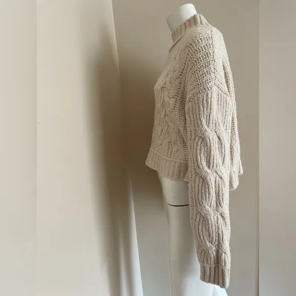 Free People Cropped Mock Neck Sweater Cotton Blend Chunky Cable Knit Cream Large