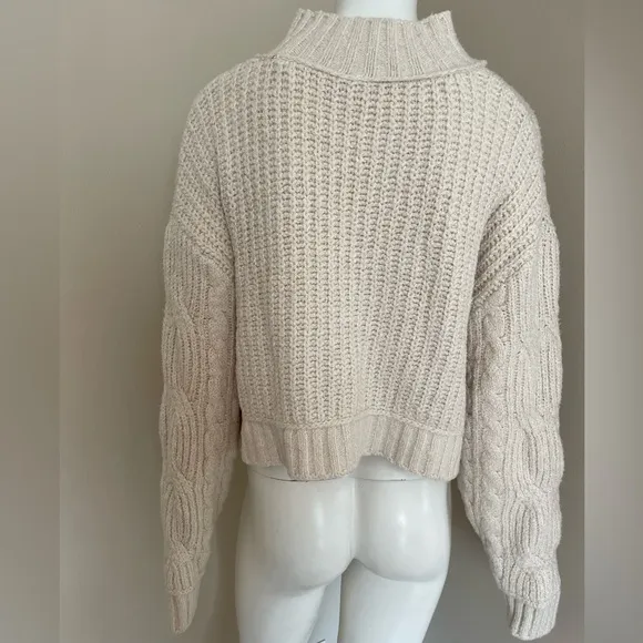 Free People Cropped Mock Neck Sweater Cotton Blend Chunky Cable Knit Cream Large