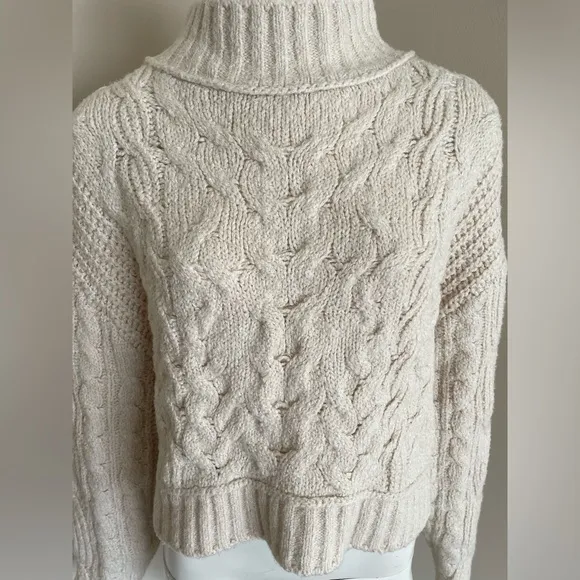Free People Cropped Mock Neck Sweater Cotton Blend Chunky Cable Knit Cream Large