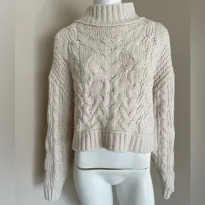 Free People Cropped Mock Neck Sweater Cotton Blend Chunky Cable Knit Cream Large