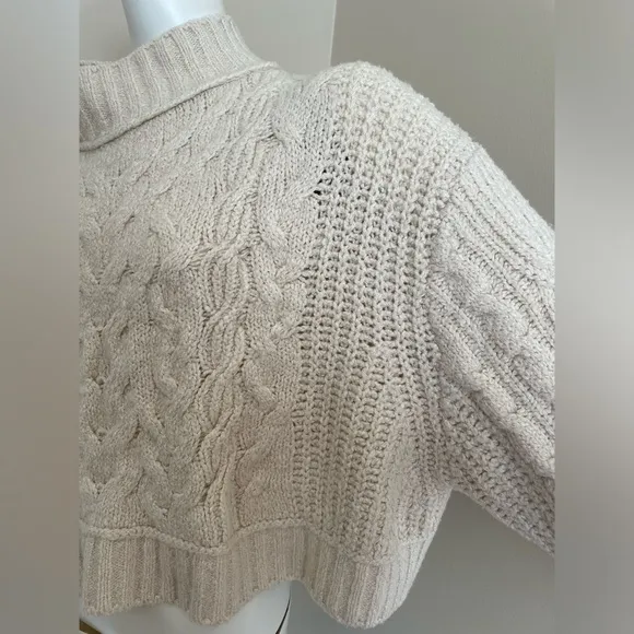 Free People Cropped Mock Neck Sweater Cotton Blend Chunky Cable Knit Cream Large