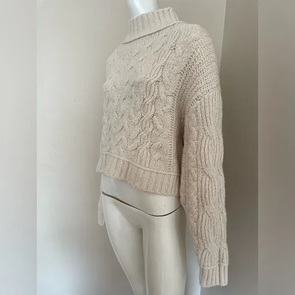 Free People Cropped Mock Neck Sweater Cotton Blend Chunky Cable Knit Cream Large