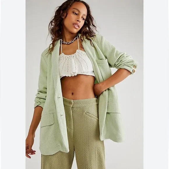 Free People Like a Cloud Oversized Cotton Blazer Textured Mint Light Green Small