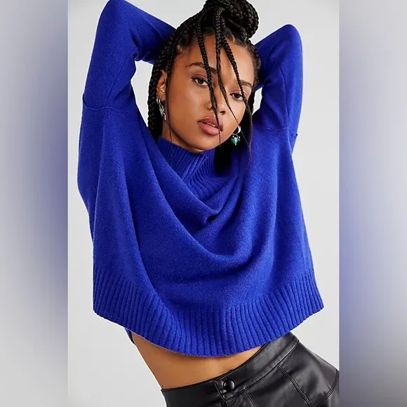 Free People Poppy Cashmere Turtleneck Sweater Halcyon Blue Sz XS