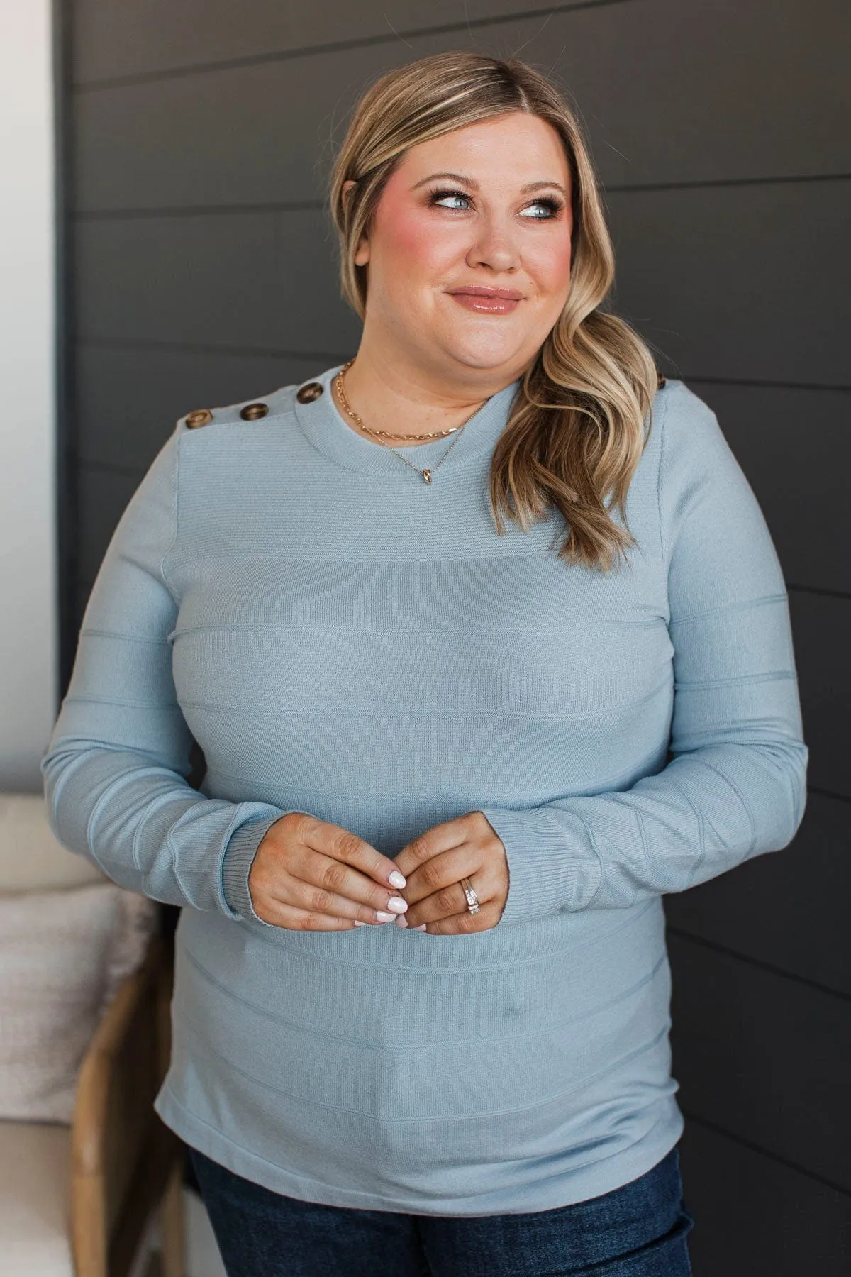 From The Heart Button Knit Sweater- Light Blue