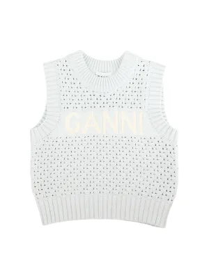 Ganni Textured Cotton Pointelle Vest in Illusion Blue