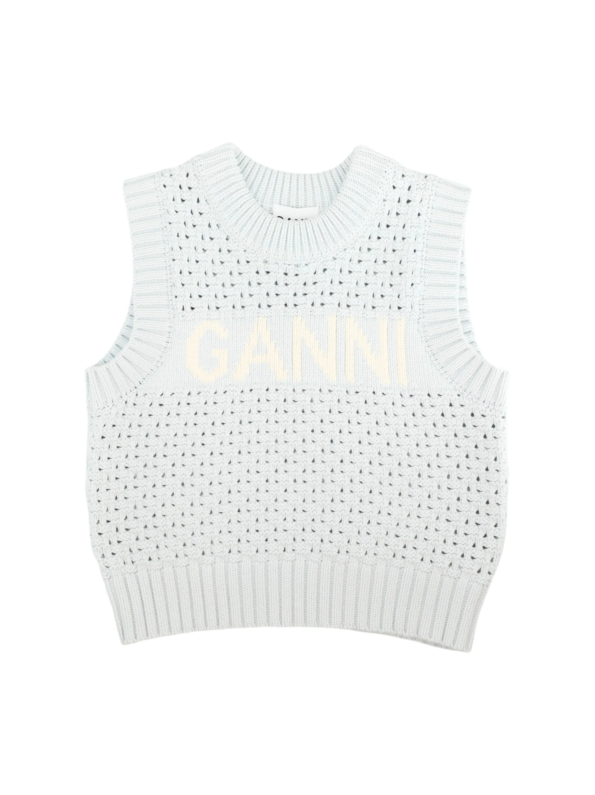 Ganni Textured Cotton Pointelle Vest in Illusion Blue