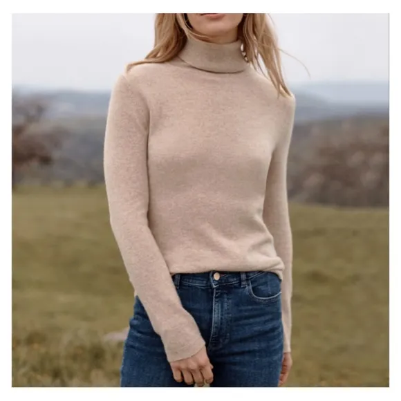 Garnet Hill 100% Cashmere Turtleneck Sweater Size Small Tan SOFT