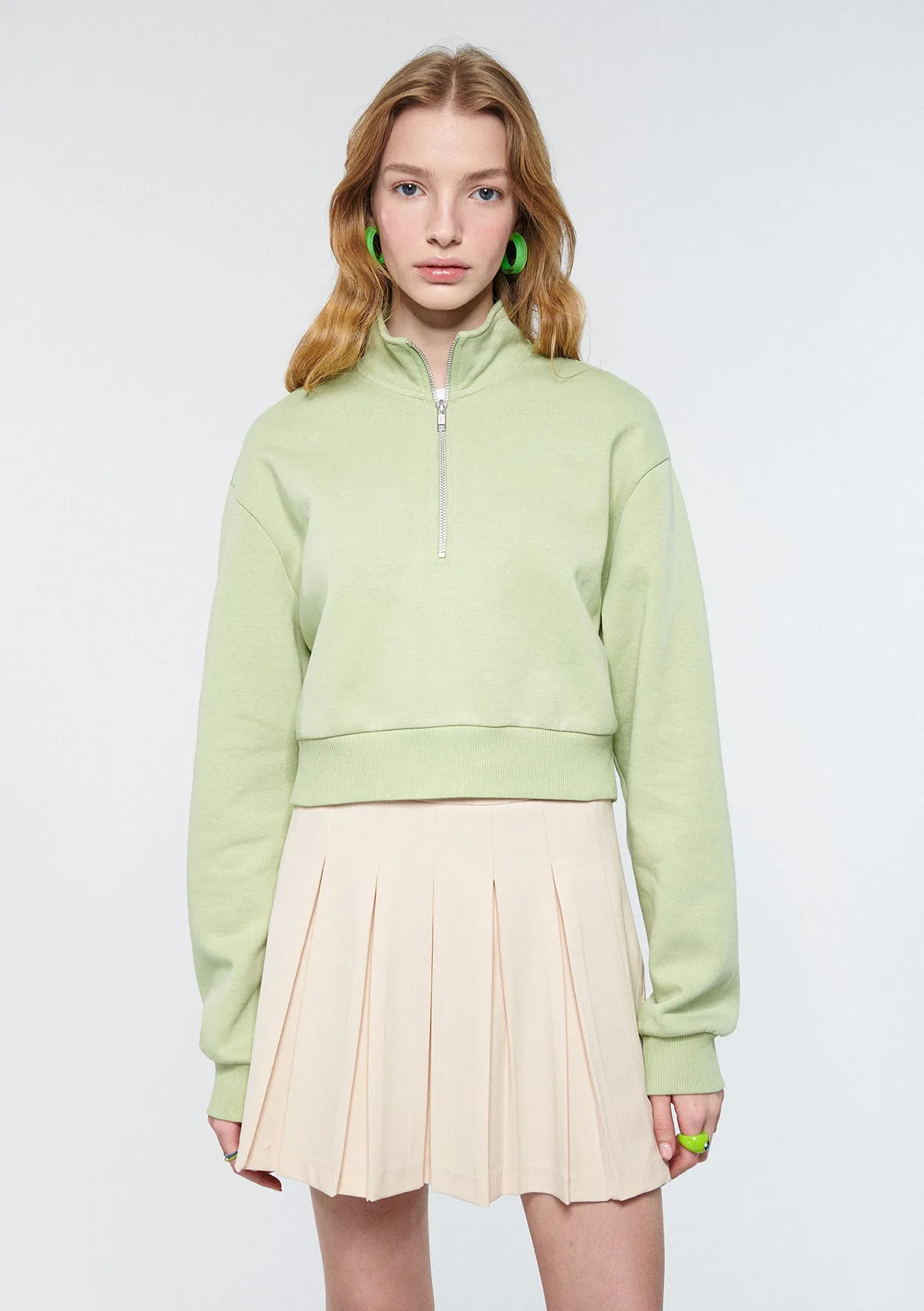 Half Zip Green Crop Sweatshirt
