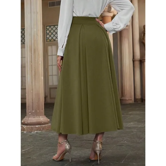 High Waist Pleated Detail Flare midi Skirt business casual white