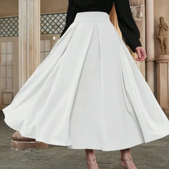 High Waist Pleated Detail Flare midi Skirt business casual white