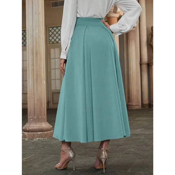 High Waist Pleated Detail Flare midi Skirt business casual white