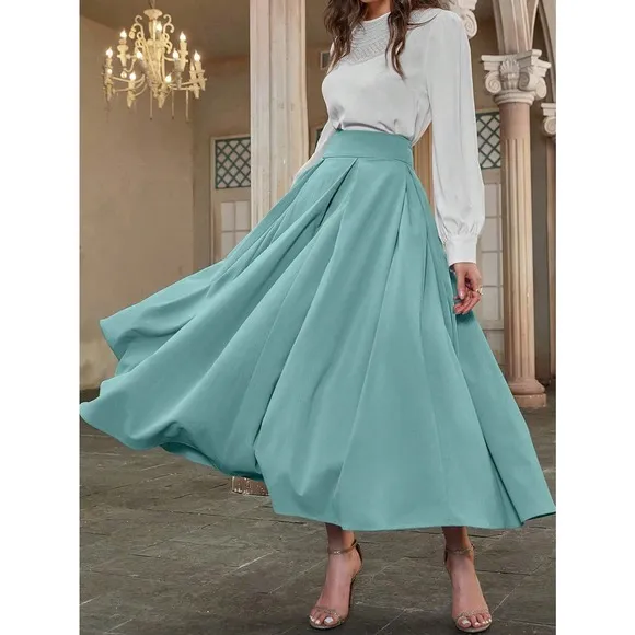 High Waist Pleated Detail Flare midi Skirt business casual white