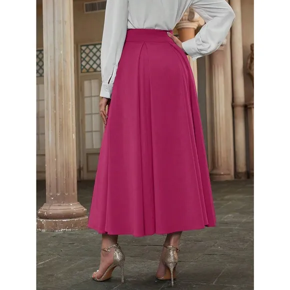 High Waist Pleated Detail Flare midi Skirt business casual white