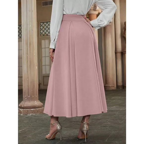 High Waist Pleated Detail Flare midi Skirt business casual white