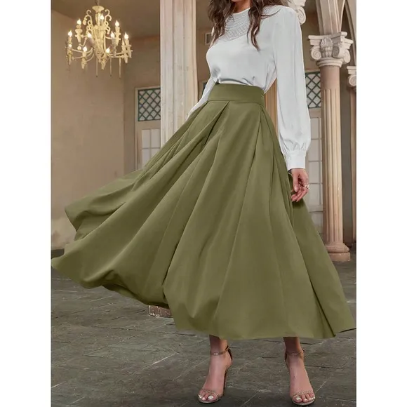 High Waist Pleated Detail Flare midi Skirt business casual white