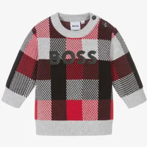 HUGO BOSS - Check Knit Sweater -  Grey