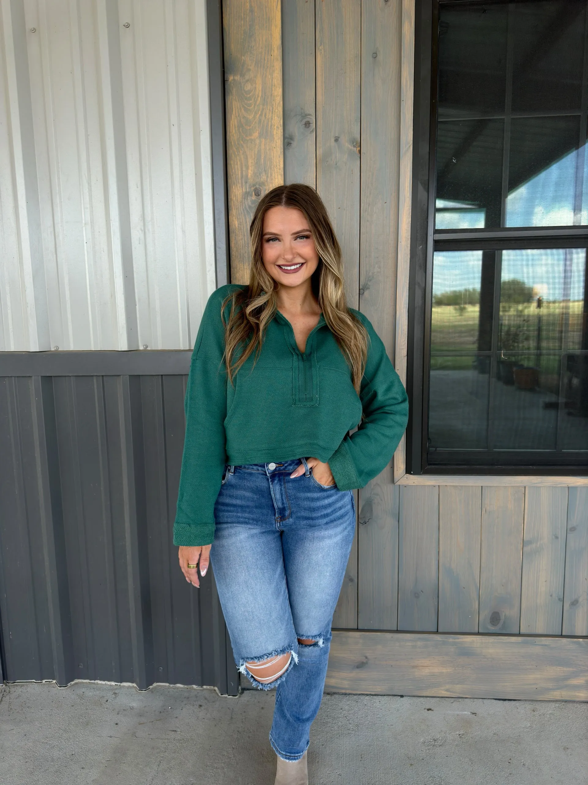 Hunter Zip-Up Crop Sweatshirt - Hunter Green