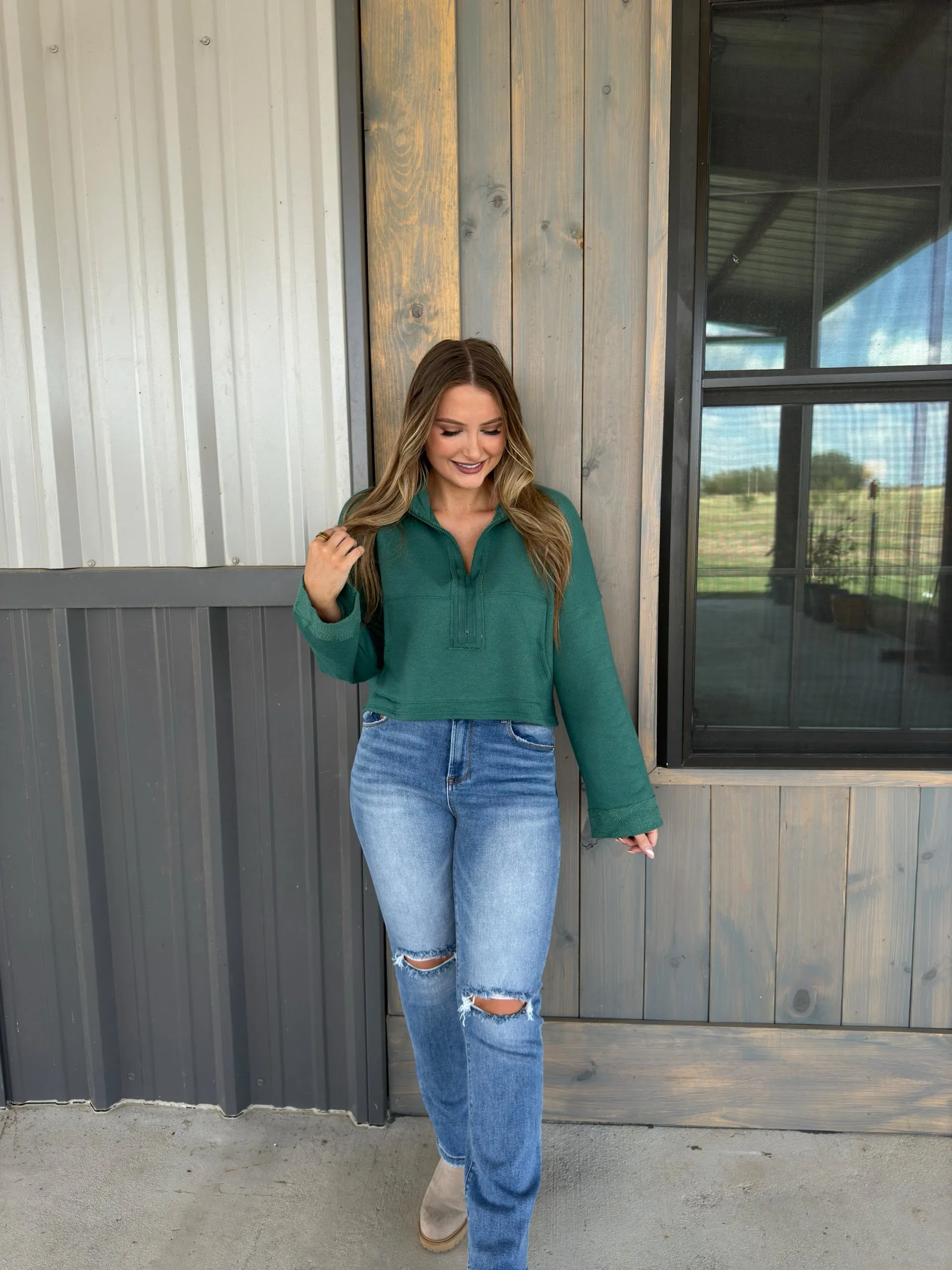 Hunter Zip-Up Crop Sweatshirt - Hunter Green