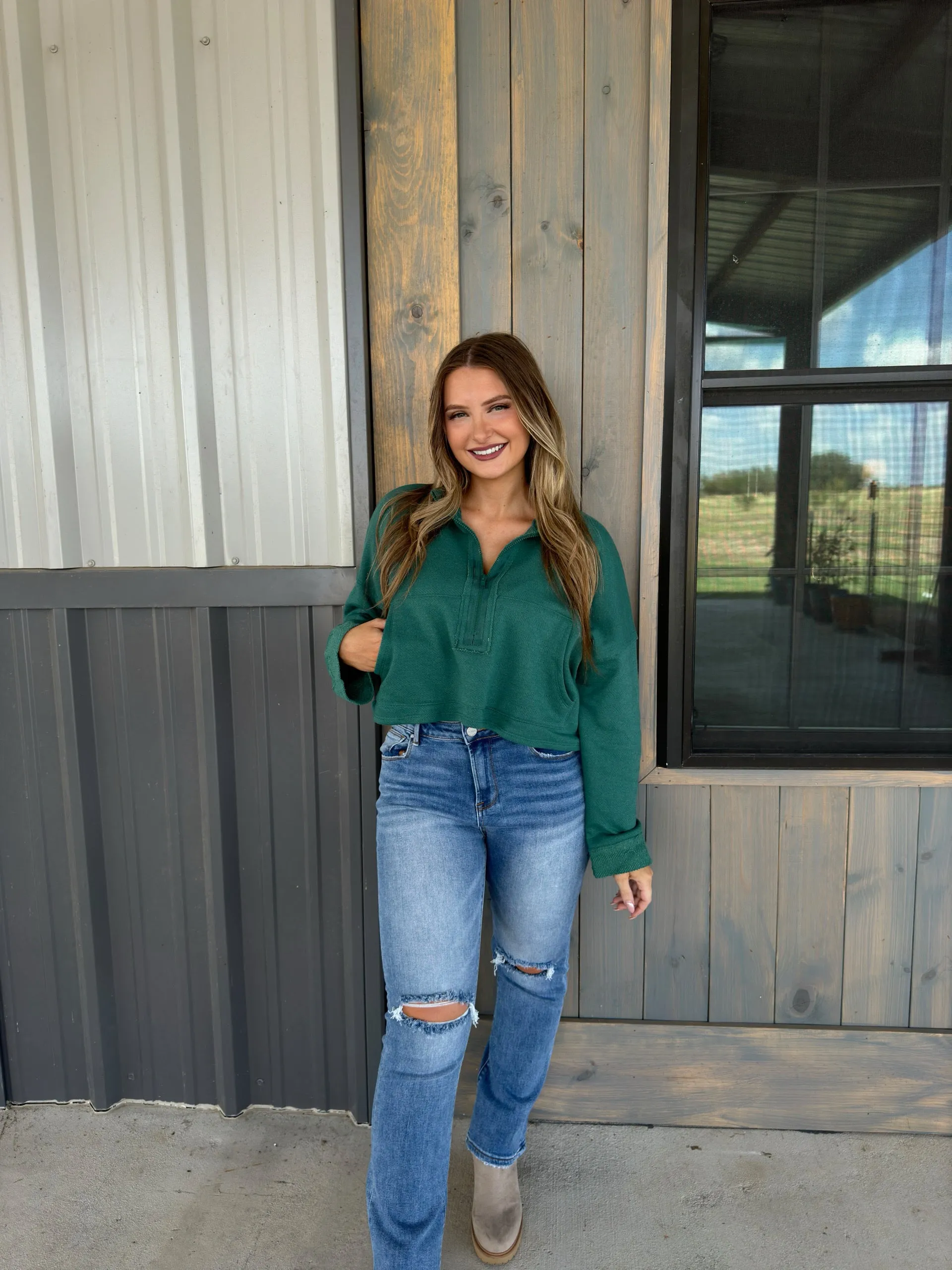 Hunter Zip-Up Crop Sweatshirt - Hunter Green