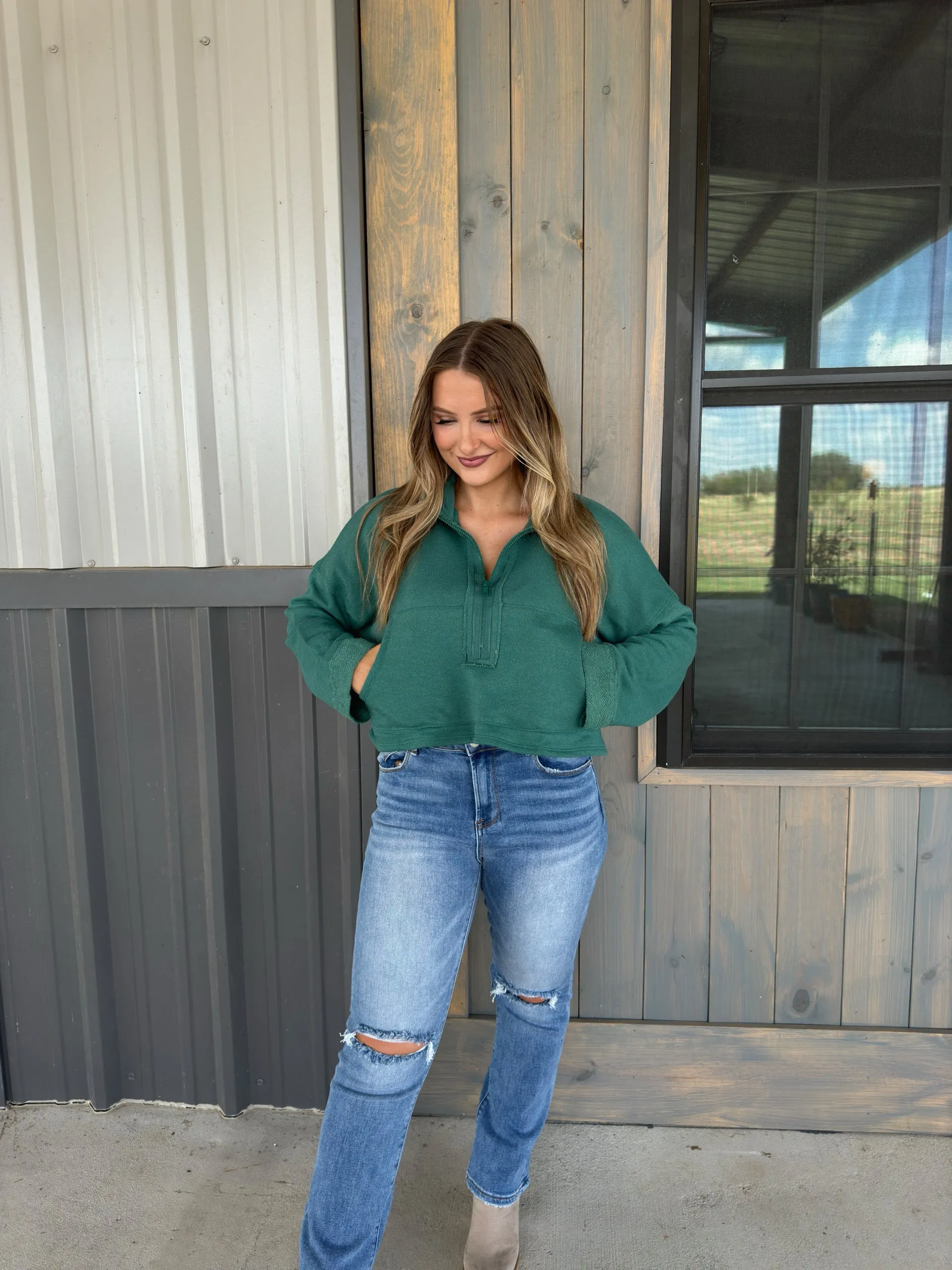 Hunter Zip-Up Crop Sweatshirt - Hunter Green