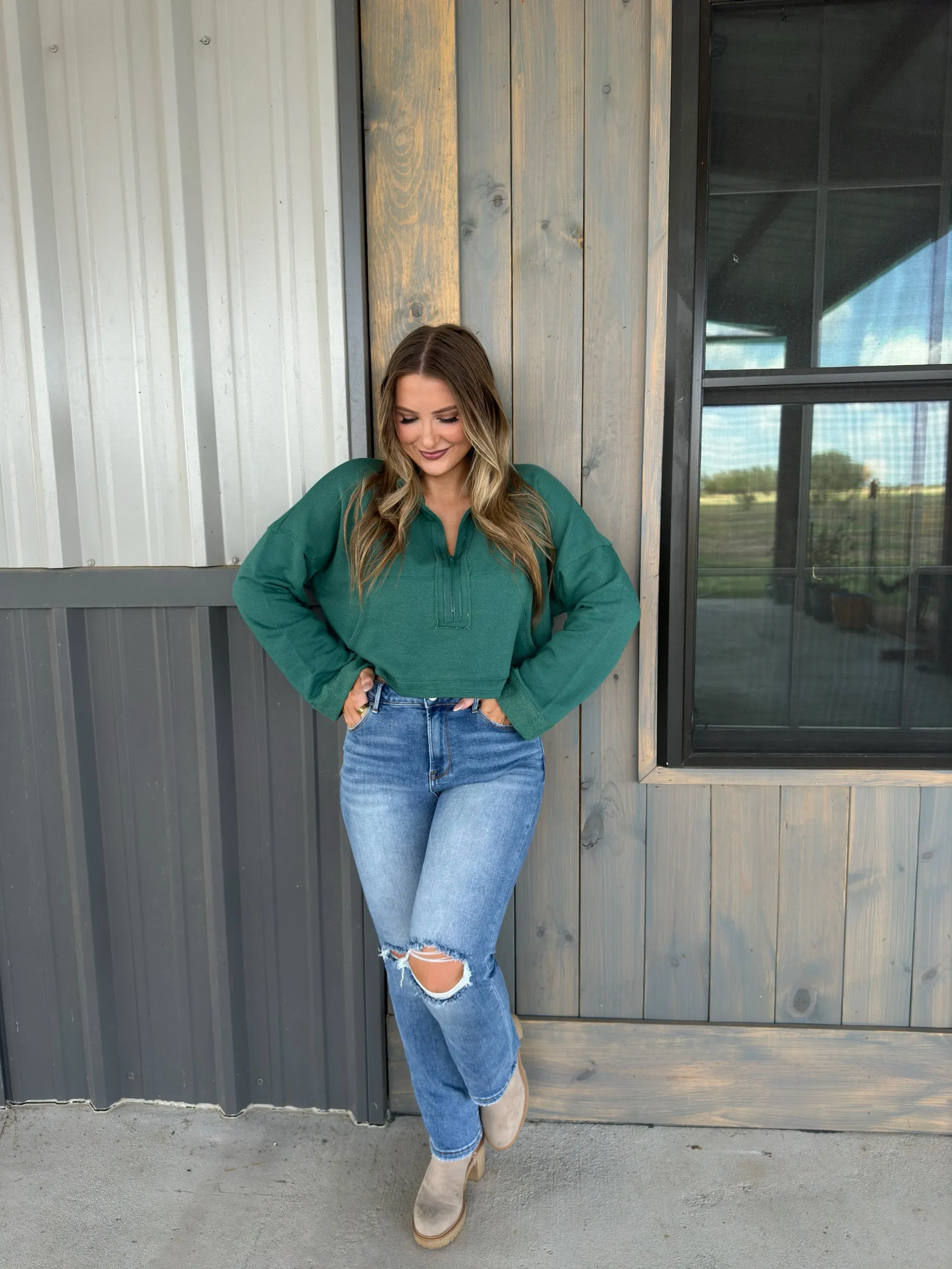 Hunter Zip-Up Crop Sweatshirt - Hunter Green