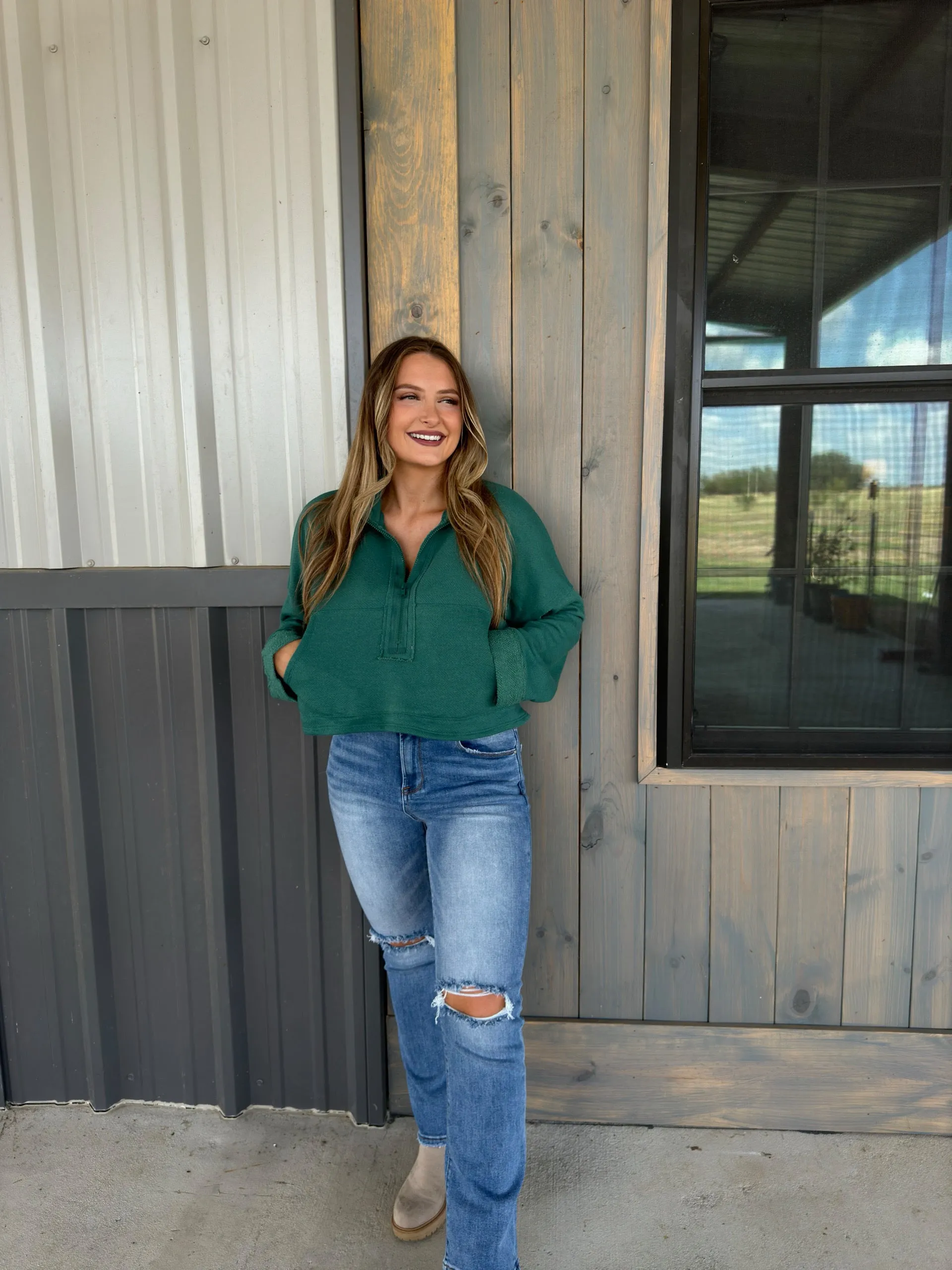 Hunter Zip-Up Crop Sweatshirt - Hunter Green