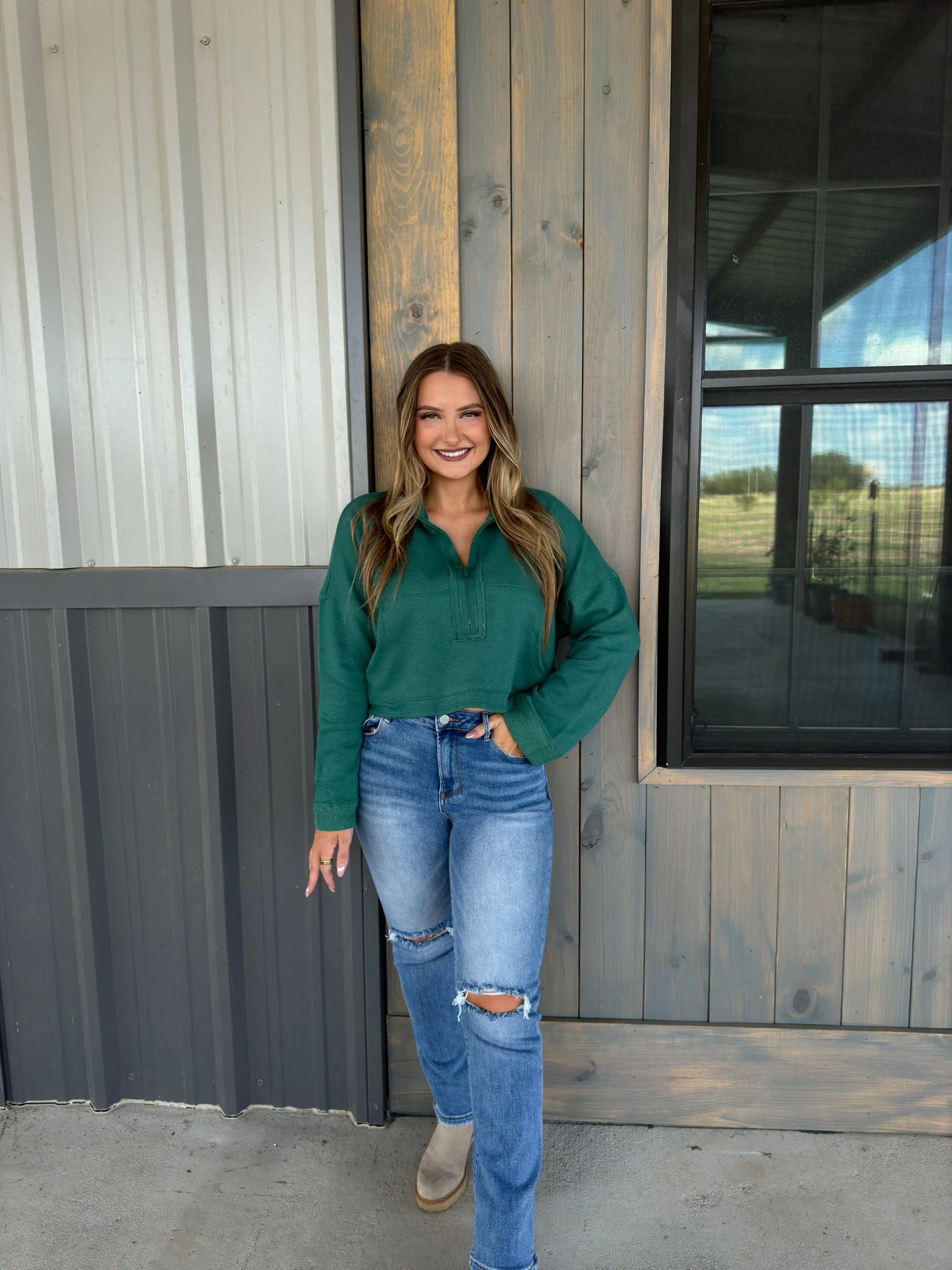 Hunter Zip-Up Crop Sweatshirt - Hunter Green