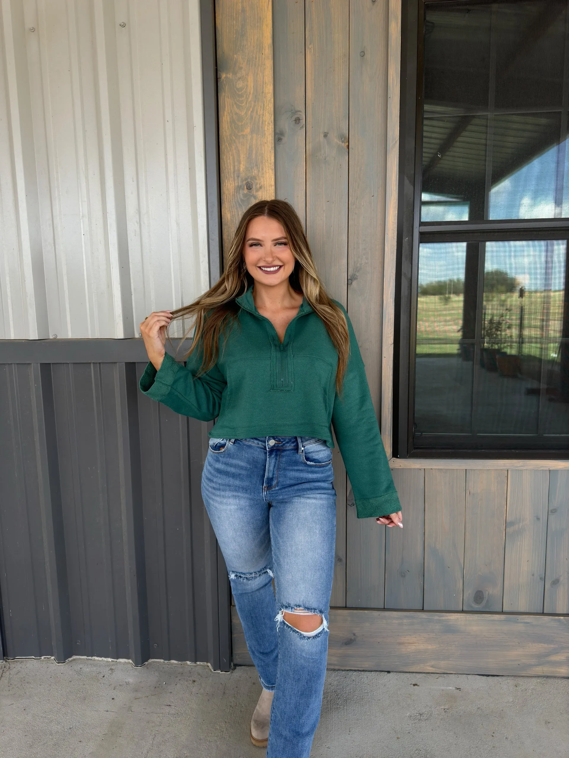 Hunter Zip-Up Crop Sweatshirt - Hunter Green