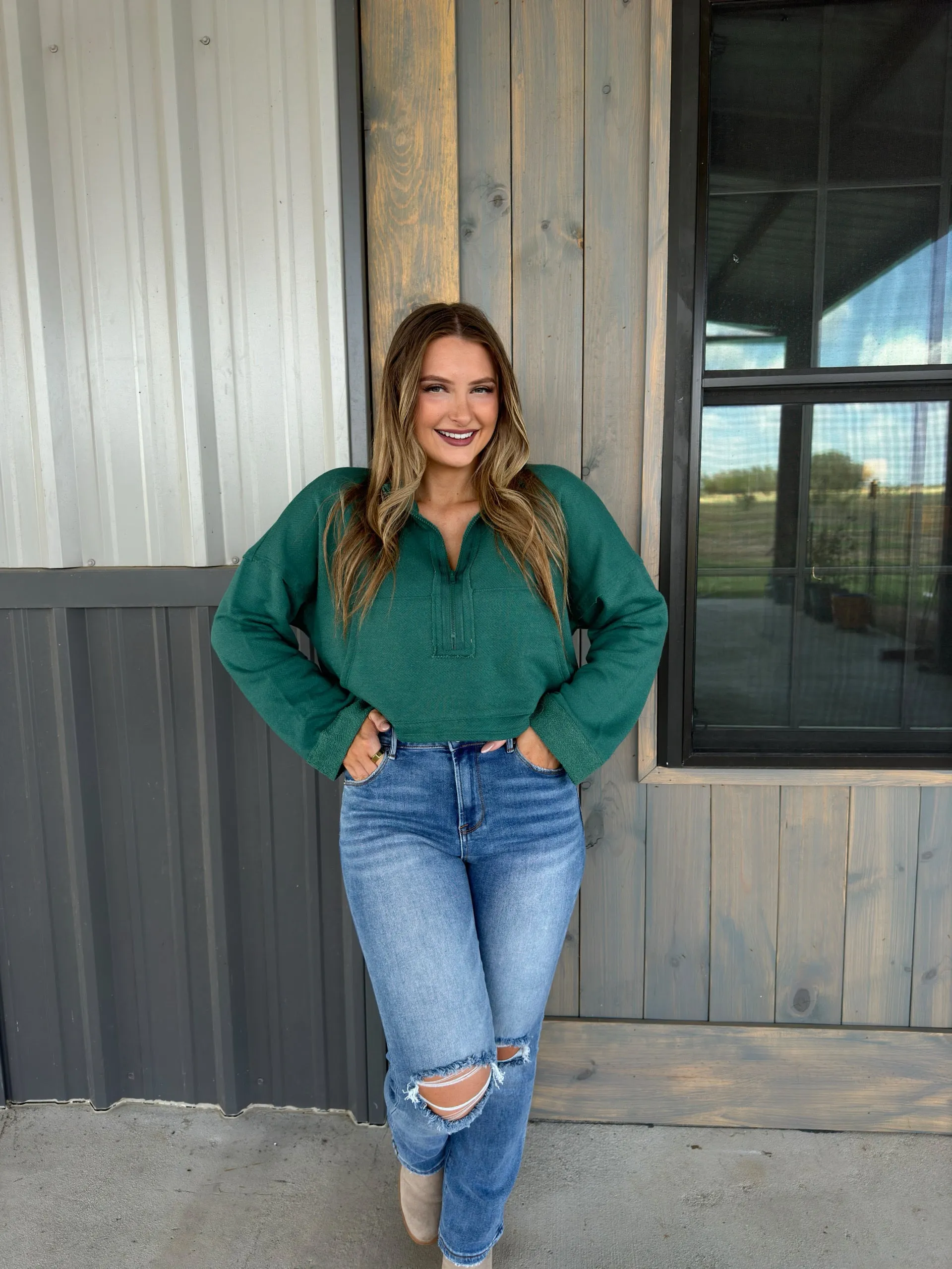 Hunter Zip-Up Crop Sweatshirt - Hunter Green